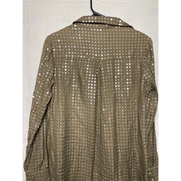 Anthropologie Maeve Sequin Button Down Shirt Size Small Olive Green Long Sleeve - Picture 7 of 10